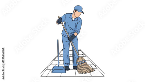 Man Sweeping in a Clean Environment: A dedicated sanitation worker, clad in work attire, diligently sweeps a spotless walkway, upholding hygiene and cleanliness. 