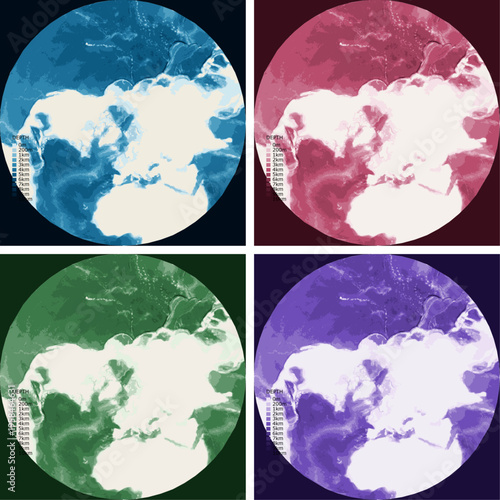 North Polar Bathymetric Ocean Depth Map - Stereographic Projection - Scalable Multi-Color Seafloor Relief Topography with Depth Legend Showing Continental Shelves Mid-Ocean Ridges and Abyssal Plains