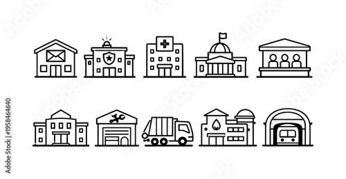 Collection of simple line art icons representing various public service buildings and vehicles