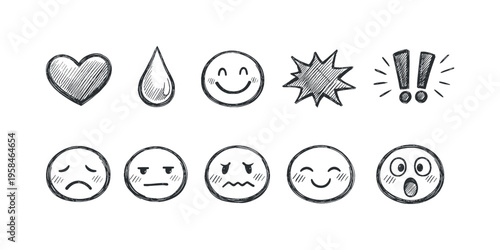 Hand-drawn collection of expressive emoticons and symbols in sketch style