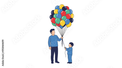 Shared Joy with Balloons: A heartwarming scene unfolds as a father and child share a moment, the child holding the string of a vibrant cluster of balloons, symbolizing dreams, hopes.