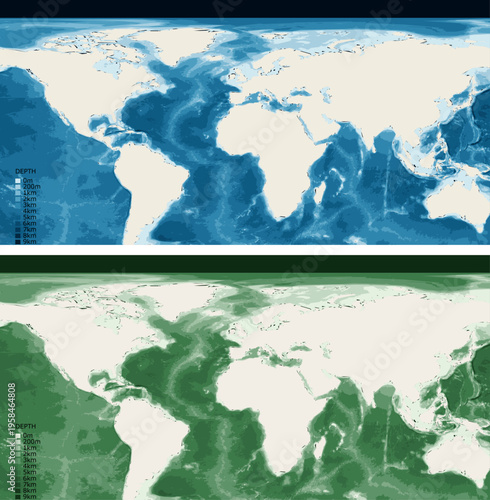 Northern Hemisphere Strip Bathymetric Ocean Depth Map - Equirectangular Projection - Scalable Multi-Color Seafloor Relief Topography with Depth Legend Showing Continental Shelves Mid-Ocean Ridges and