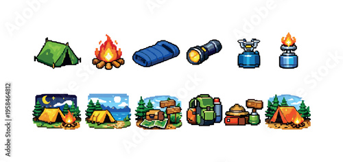 Pixel art camping icons featuring tents, campfire, sleeping bag, and backpack