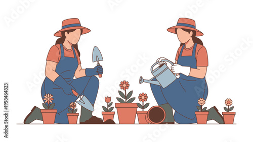 Gardeners Nurturing Bloom: A scene of two dedicated gardeners immersed in the art of nurturing blooming flowers. One tends to the soil with care, and the other gently waters.