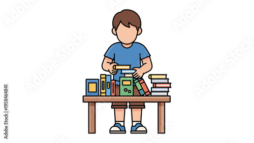 Curious Learner's Literary Pursuit: A young scholar immersed in a world of knowledge, meticulously arranging a colorful assortment of books. The scene evokes a sense of learning, exploration.
