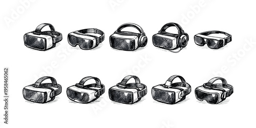 Collection of hand-drawn virtual reality headsets and goggles in sketch style