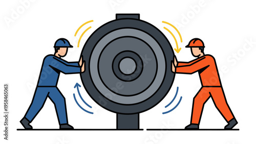 Teamwork in Engineering: Two skilled workers collaborate, pushing a large industrial gear, highlighting teamwork in industry and the application of human power