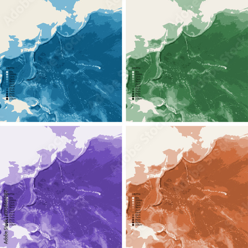 Pacific Air Routes Bathymetric Ocean Depth Map - Gnomonic Projection - Scalable Multi-Color Seafloor Relief Topography with Depth Legend Showing Continental Shelves Mid-Ocean Ridges and Abyssal Plains