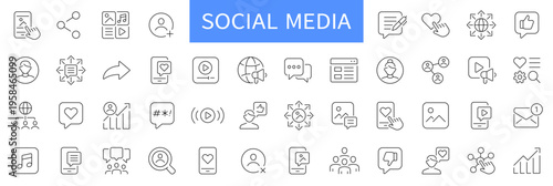 Social media thin line icons set. Content, social network icon. Editable stroke. Vector