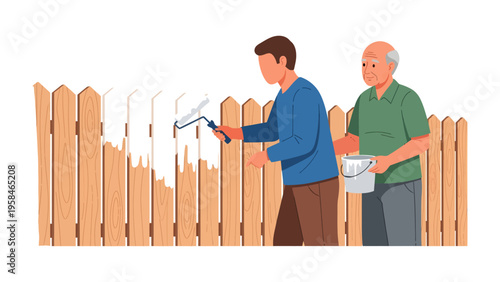 Fence Painting Duo: Two individuals collaborate on painting a wooden fence, embodying the spirit of teamwork, home improvement, and shared effort.