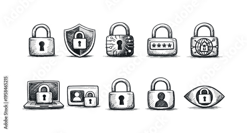 Collection of hand-drawn security and privacy icons featuring locks and shields