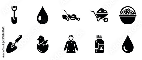 Gardening tools and supplies grouped on white background