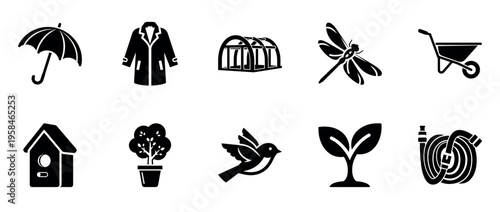 Garden tools and shelter protecting seedlings in greenhouse icons