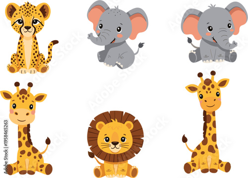 Title
Adorable flat vector illustration set of baby safari animals including lion elephant giraffe