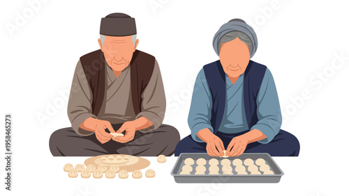 Crafting Traditional Delights: An elder couple meticulously prepares culinary creations together, symbolizing the beauty of shared experiences and the preservation of heritage.