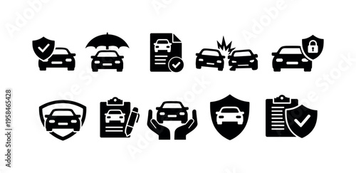 Collection of car insurance icons representing protection, accidents, and policies