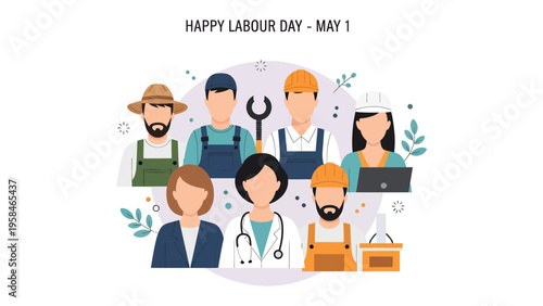 Labour Day Celebration: A diverse group of essential workers come together in a vibrant display of unity and appreciation, symbolized by their various tools and attire.