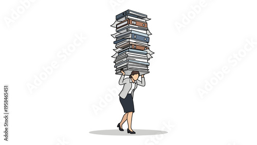 Overburdened at Work: An individual is struggling under the weight of excessive workload, symbolized by a tower of documents