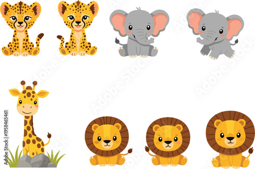 vector set of baby safari animals featuring cute lions elephants giraffes and cheetahs for nursery decor and children's projects