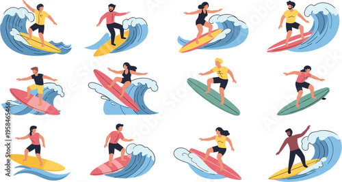 vector set of diverse male and female surfers riding big ocean waves on colorful surfboards flat illustration style