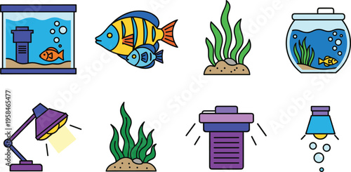 Aquarium and Fish Tank Icon Set with Tropical Fish Water Plants Lighting Filter and Bowl Elements for Pet Care and Underwater Design Collection