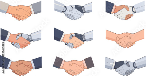 Vector set of handshakes featuring human to human, human to robot, and robot to robot hands representing partnership