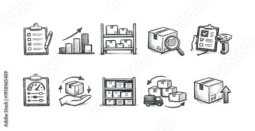 Hand-drawn icons representing logistics, inventory, and delivery processes