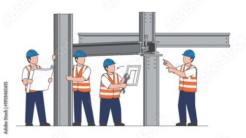 Construction Collaboration: A team of builders work together on a steel structure, their collaborative effort highlighted as they construct something new.