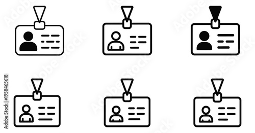 Identification badge icons set with silhouette and outline variations, employee ID, access pass, HR, security and professional profile symbols, modern flat vector illustration collection for corporate