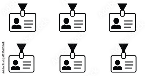 Identification badge icons set, silhouette and outline variations for employee ID, access pass, HR, security and professional profiles, modern UI icon collection, clean vector illustration for busines