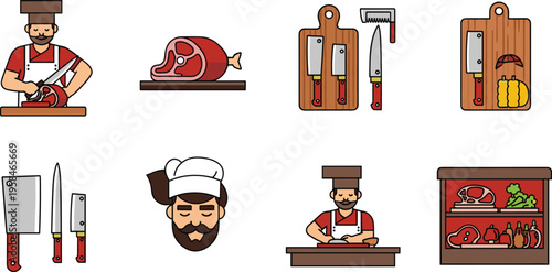Butcher Shop Cartoon Icon Set with Meat Cuts Knives Chef Characters and Cutting Boards Isolated on White Background for Food Industry and Cooking Design