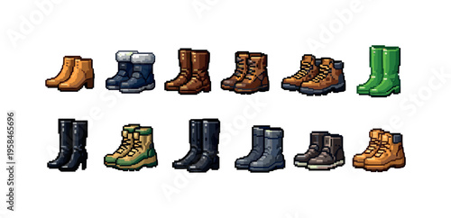 Collection of pixel art boots in various styles and colors for digital use