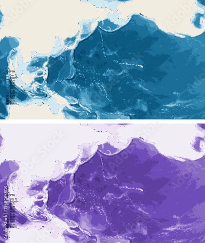 Pacific Rim Bathymetric Ocean Depth Map - Conic Equidistant Projection - Scalable Multi-Color Seafloor Relief Topography with Depth Legend Showing Continental Shelves Mid-Ocean Ridges and Abyssal