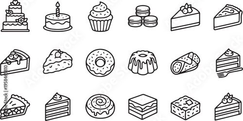 Cake Line Icon Set, Birthday Wedding Cupcake Pastry Dessert Cheesecake Vector