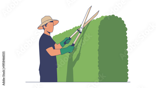 Man Pruning the Hedges: A gardener skillfully trims a hedge with shears, a sunny day, showcasing dedication and a commitment to meticulous landscaping. 