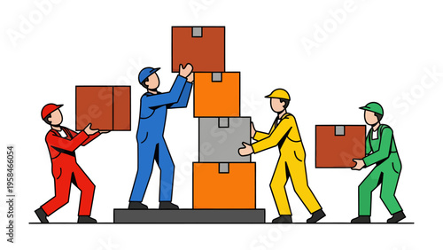 Warehouse Work: Illustrative depiction of warehouse workers collaborating to stack boxes, symbolizing teamwork and logistical efficiency in a distribution center.