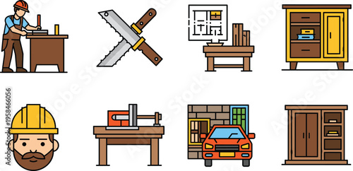Carpentry Workshop Icon Set with Woodworking Tools Furniture Maker Character and Equipment Isolated on White Background for Construction and Craft Design