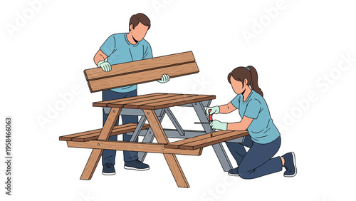 Teamwork crafting: A collaborative scene of individuals diligently constructing a wooden picnic table, showcasing the spirit of teamwork and hands-on craftsmanship.