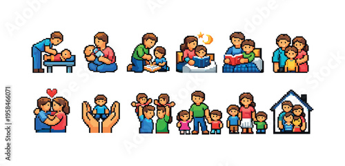 Pixel art icons depicting various family activities and relationships