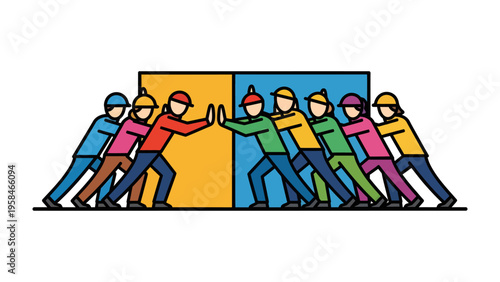 Collective Effort: A determined group collaborates to overcome an obstacle, their united actions symbolize teamwork, problem-solving, and the power of unity in achieving a common objective.