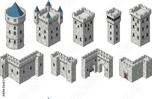 Isometric Pixel Art Medieval Castle Set with Modular Stone Towers, Walls, Gatehouses, and Fortifications for Fantasy Video Game Environment Design and Kingdom Building