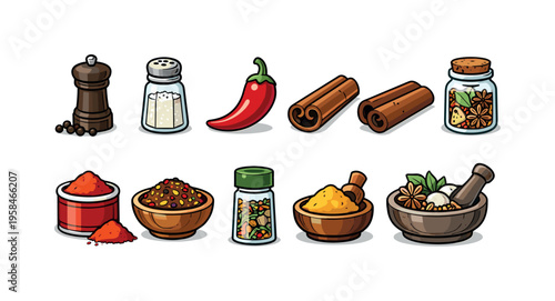 Collection of colorful spices and seasonings in various containers and bowls