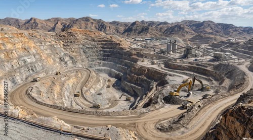 Aerial view of a large open-pit mine with multiple levels and heavy machinery. The landscape features rocky terrain and a clear blue sky.