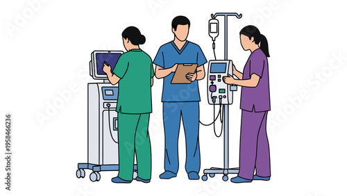 Medical Team Collaboration: A dedicated team of medical professionals collaborates around a state-of-the-art machine, working with determination to provide the best possible patient care.