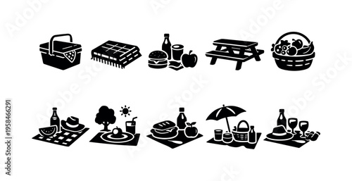 Collection of simple black and white picnic icons for outdoor leisure activities