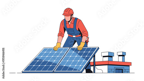 Energy Constructor: A skilled worker installs solar panels on a building, symbolizing sustainable practices and innovative energy solutions.