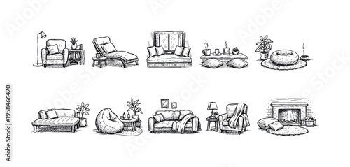 Collection of hand-drawn cozy living room furniture and decor elements