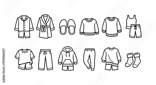 Collection of simple line art icons representing various sleepwear and loungewear items