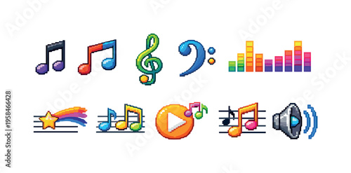 Collection of pixel art music icons including notes, treble clef, and equalizer