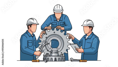 Industrial Teamwork: Three workers in hard hats and blue overalls collaborate on a complex machinery component, surrounded by tools and a blueprint.